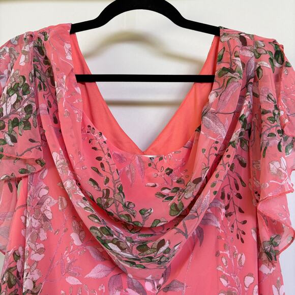 Vintage Y2K Fairy Pink Floral Midi Dress Cowl Neck Flutter Sleeve Ethereal 18 - Picture 5 of 11